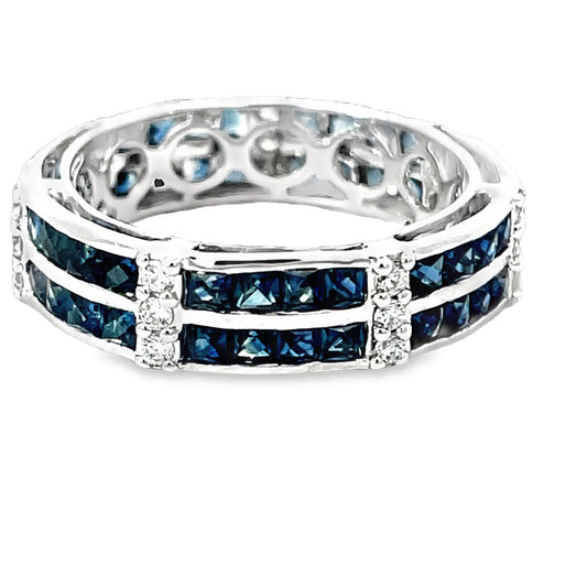 14k white gold eternity band with blue sapphires and diamonds, handmade eternity band, unique wedding band for women