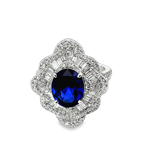 18k white gold ring with 3ct ceylon blue sapphire and white diamonds, oval sapphire ring, large sapphire ring