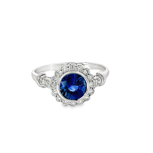 18k white gold ring with a round sapphire and diamonds, handmade sapphire ring, unique ring design with sapphire and diamonds