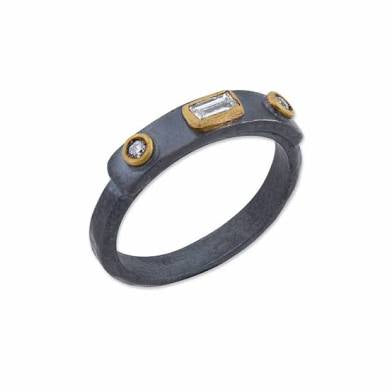 oxidized sterling silver ring with diamonds and 24k fusion gold