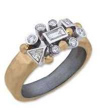 Scatter Ring diamonds and 24k gold and oxidized silver