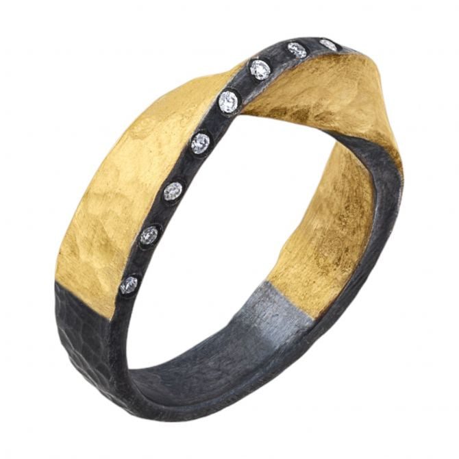 lika behar oxidized silver and 24k gold band with diamonds twist design