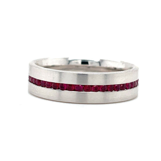 14k white gold band with rubies, unique mens ring with precious gemstone