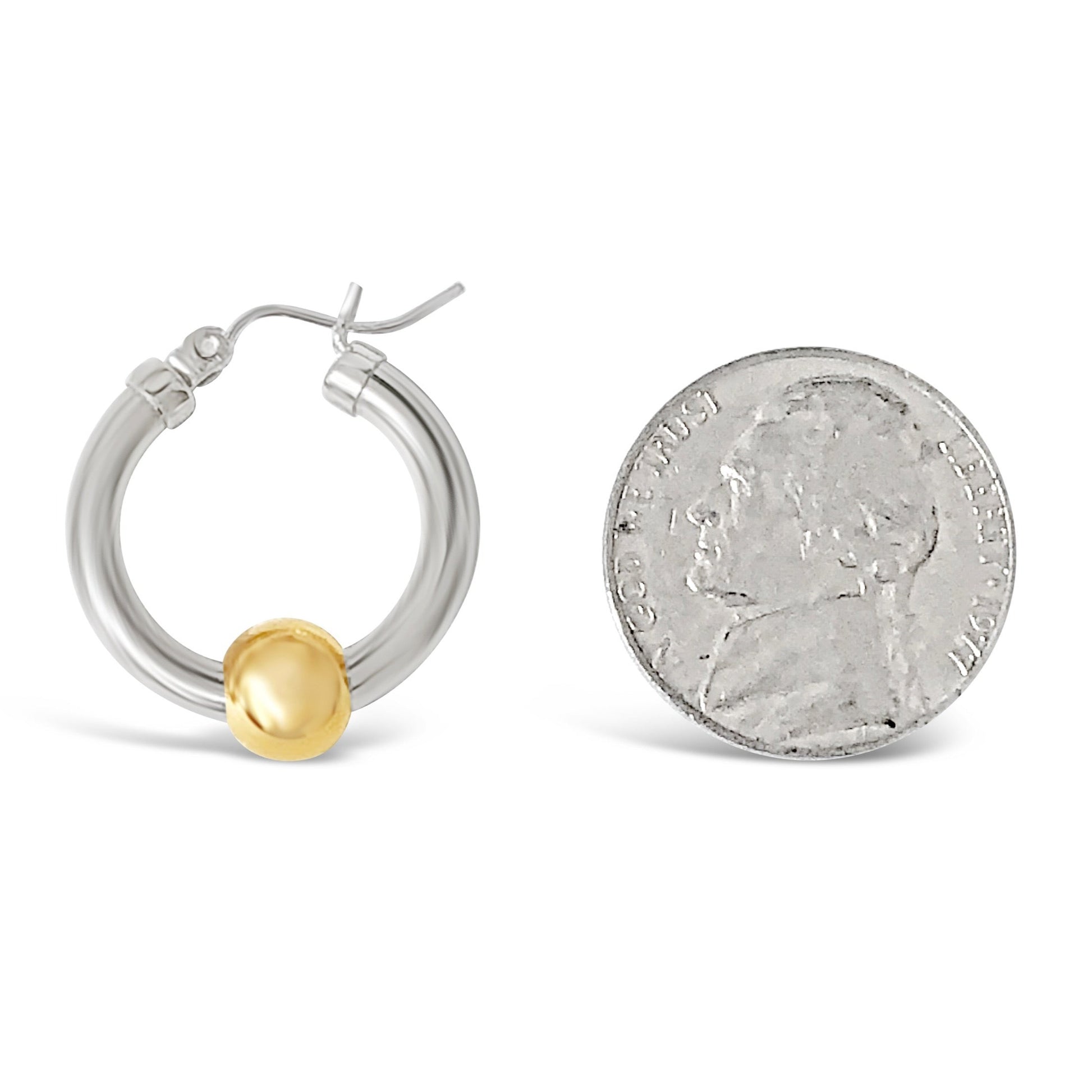 Cape cod beachball small earring measured against a nickel coin