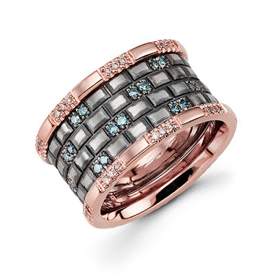 michaels jewelry cape cod handmade ring 14k rose gold 14k grey gold white diamonds blue diamonds handmade band provincetown jeweler michael's