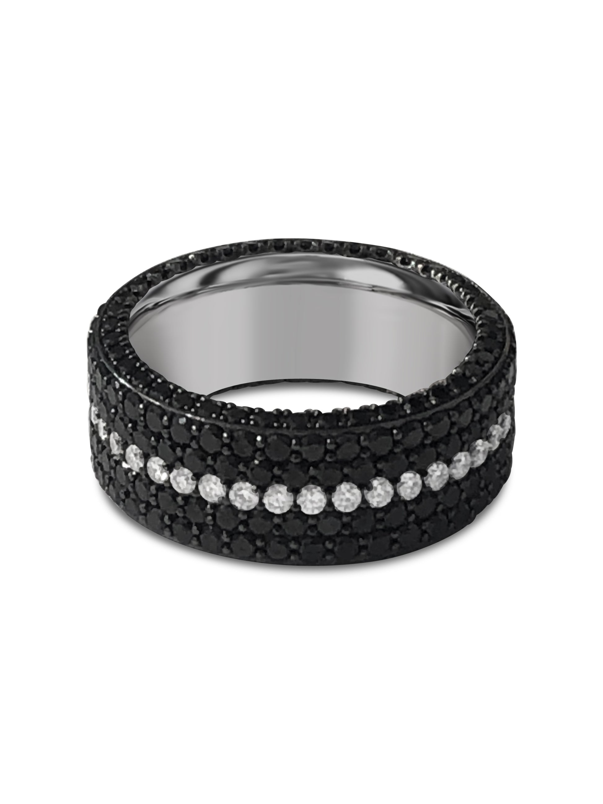 14k grey gold band with black and white diamonds
