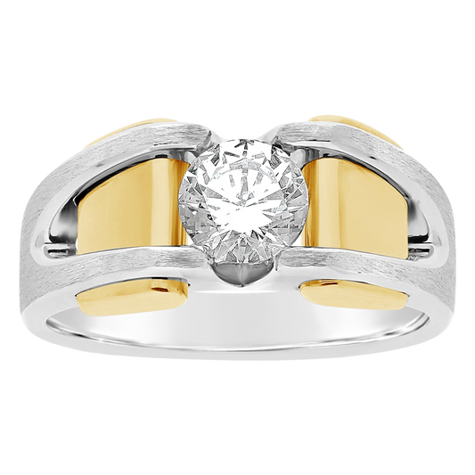 14k hite and yellow gold band with a round diamond, men's diamond band, solitaire men's band, 14k gold ring with a diamond, made by michael's custom jewelers on cape cod