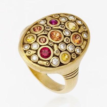 R-141S constellation ring 18k yellow gold pink orange sapphire mix alex sepkus dome ring