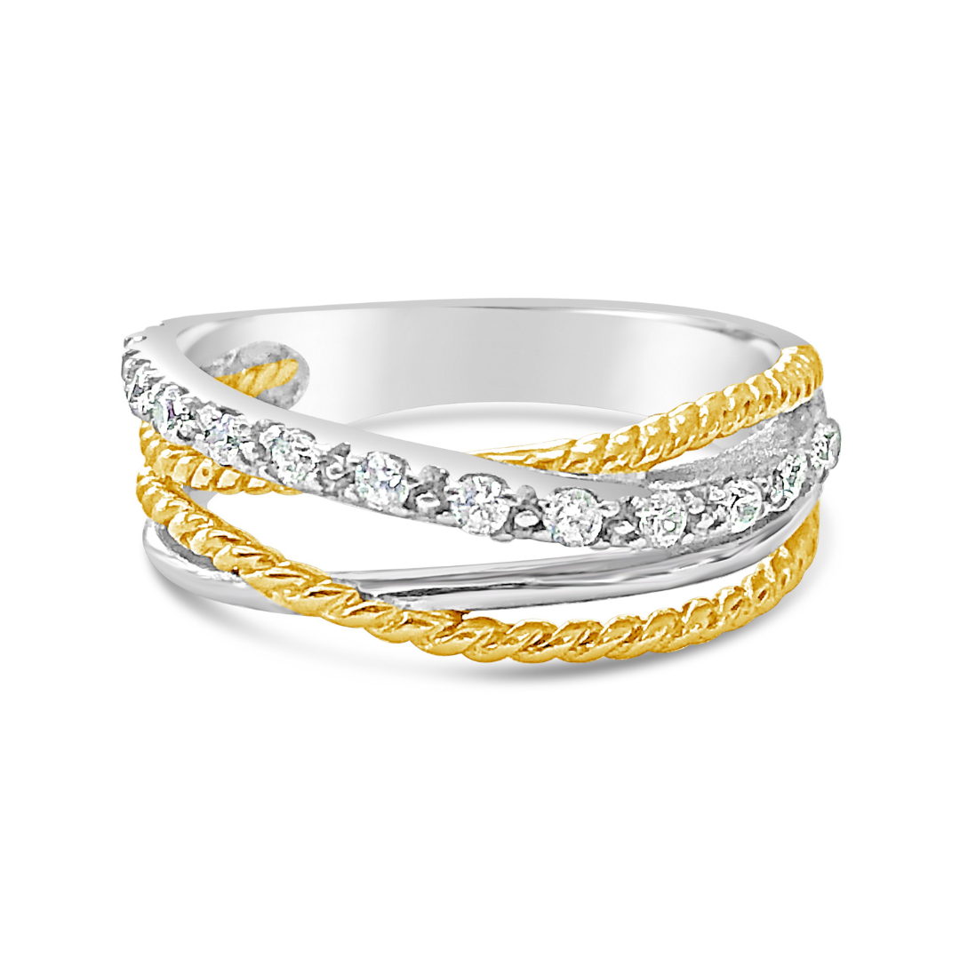 Crossover Ring with Crystals - Solid Silver/Rhodium Gold