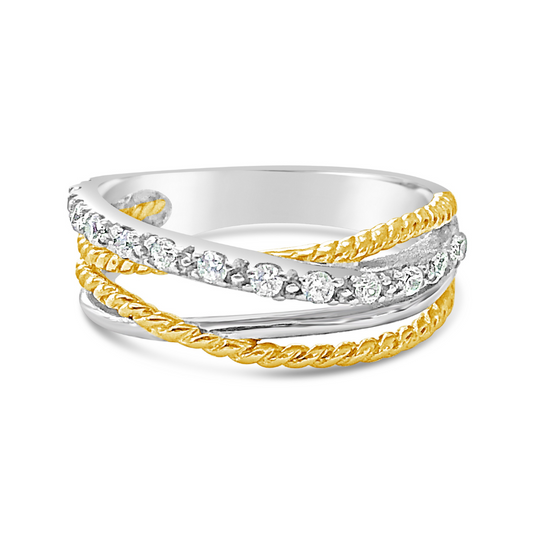 Crossover Ring with Crystals - Solid Silver/Rhodium Gold