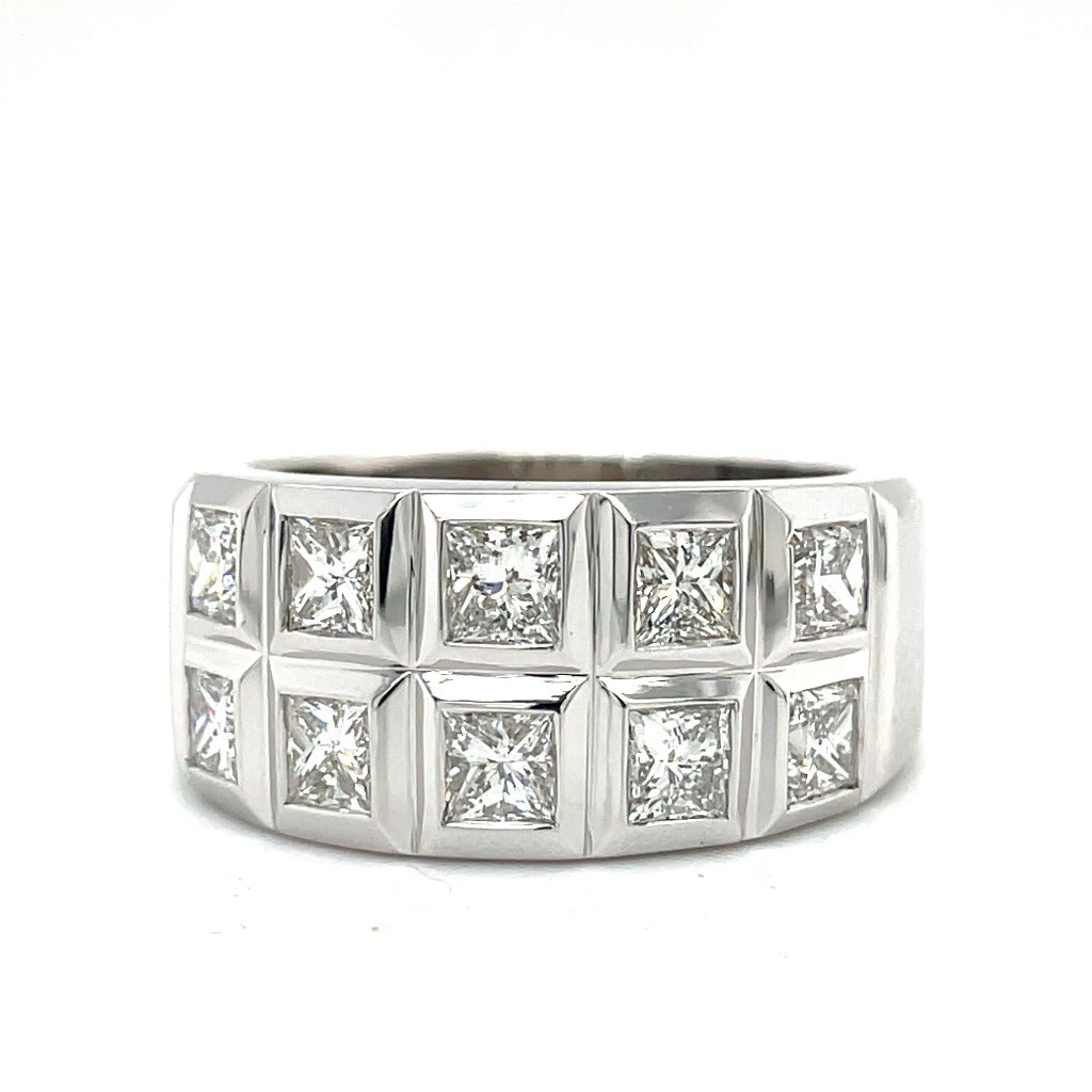 14k white gold band with princess cut diamonds