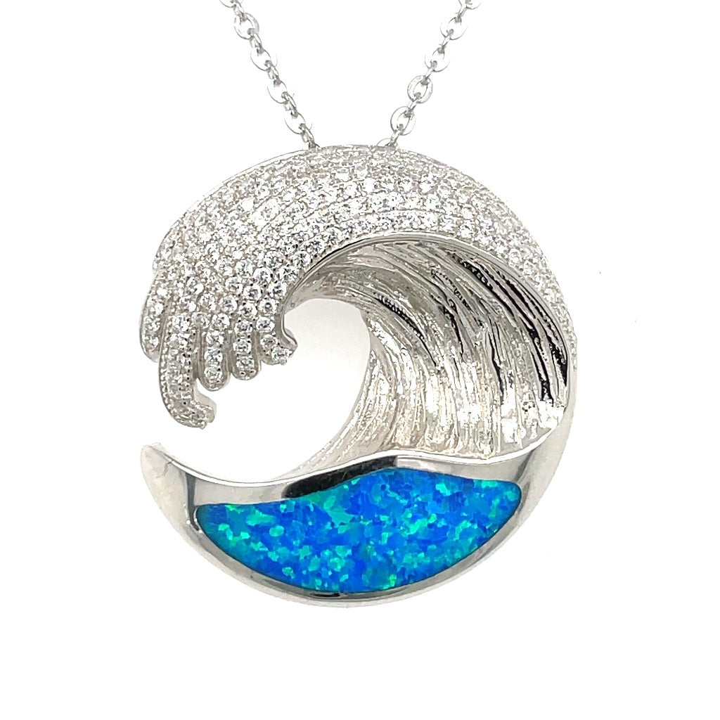 opal wave necklace sterling silver pendant necklace with opal and cubic zirconia crystals
