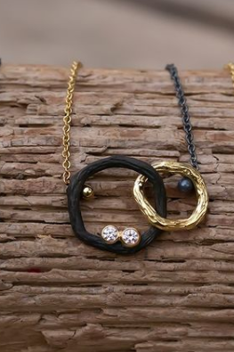 Pebble Small Diamond Double Link Necklace oxidized cobalt chrome and 18k yellow gold with diamonds sold by Michael's Custom Jewelers on Cape Cod