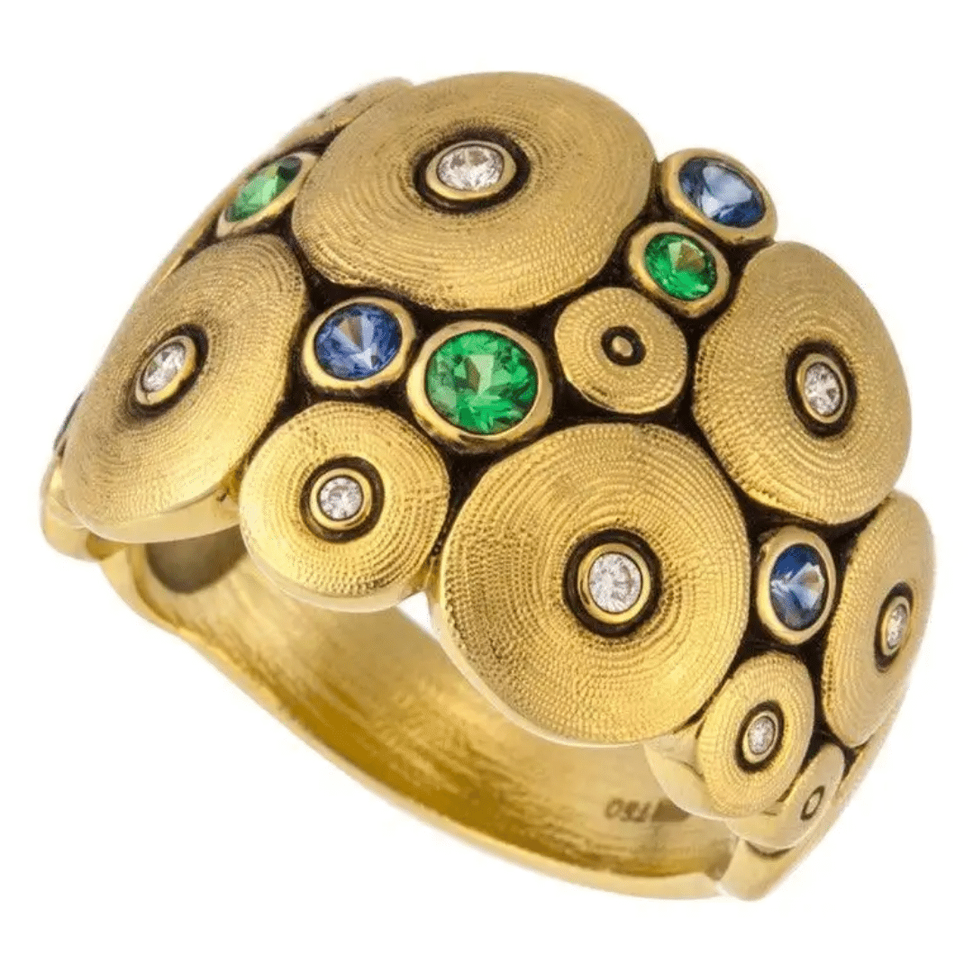 Orchard Ring - R-111S, 18k yellow gold with blue sapphires, green tsavorites, and white diamonds. Alex Sepkus Orchard Band