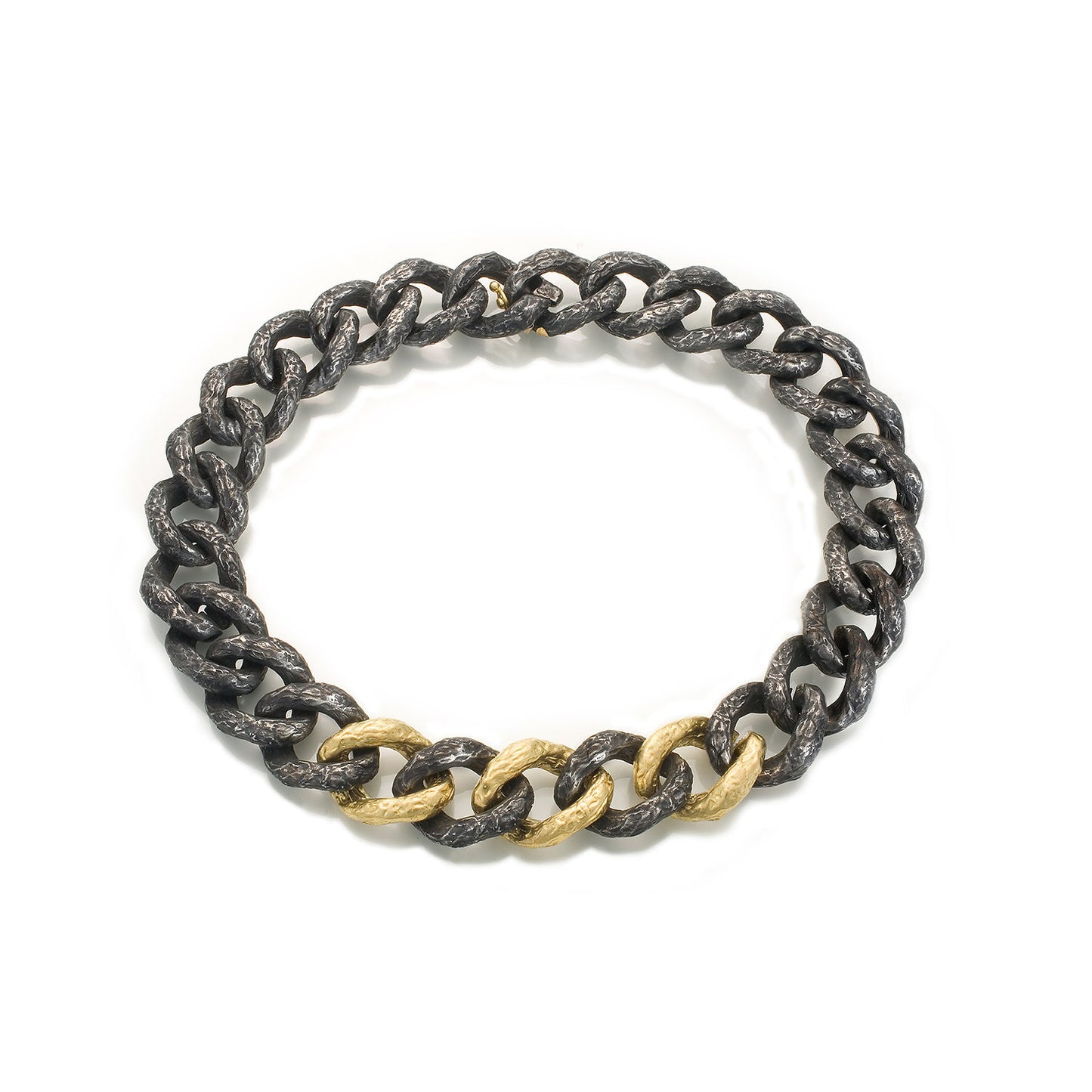 Foil Large Link Necklace by Sarah Graham, 18jk yellow gold and oxidized cobalt chrome textured link chain necklace