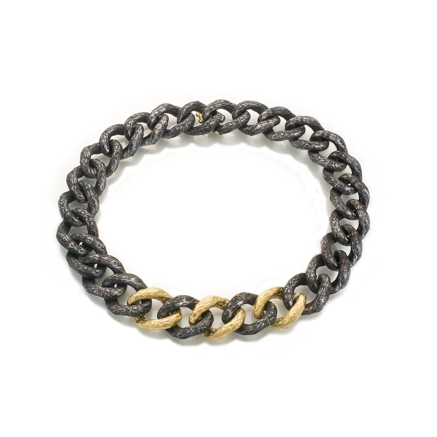 Foil Large Link Necklace by Sarah Graham, 18jk yellow gold and oxidized cobalt chrome textured link chain necklace