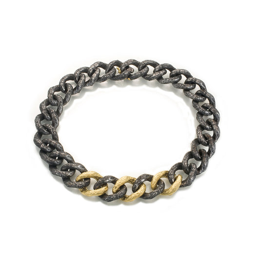 Foil Large Link Necklace by Sarah Graham, 18jk yellow gold and oxidized cobalt chrome textured link chain necklace