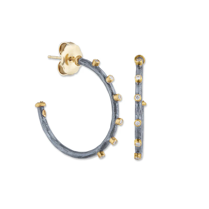 hoop earrings by Lika Behar in 925 oxidized silver and 24k gold with diamonds