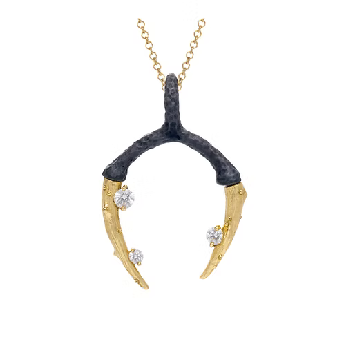 Radiolarian Diamond Double Talon Pendant Sarah Graham design 18k yellow gold oxidized cobalt chrome with diamonds