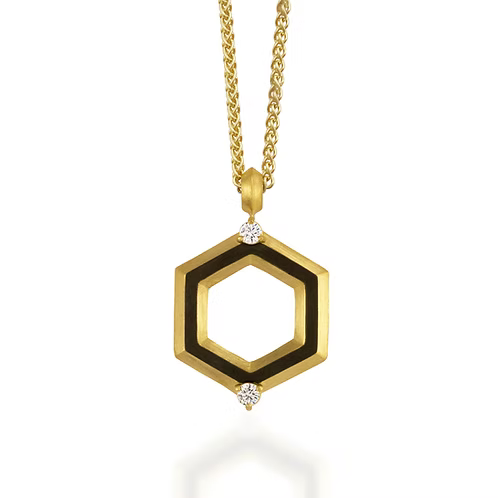 hex shade diamond necklace designed by Sarah Graham, 18k yellow gold with diamonds and oxidized cobalt chrome