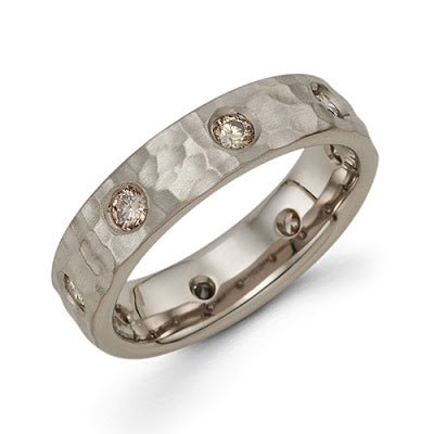 5mm hand hammered 14k grey gold band with champagne diamonds