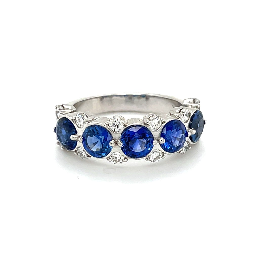 14k White Gold Ring With 5 Sapphires And Diamonds, designed by Michael's Custom Jewelers on Cape Cod 