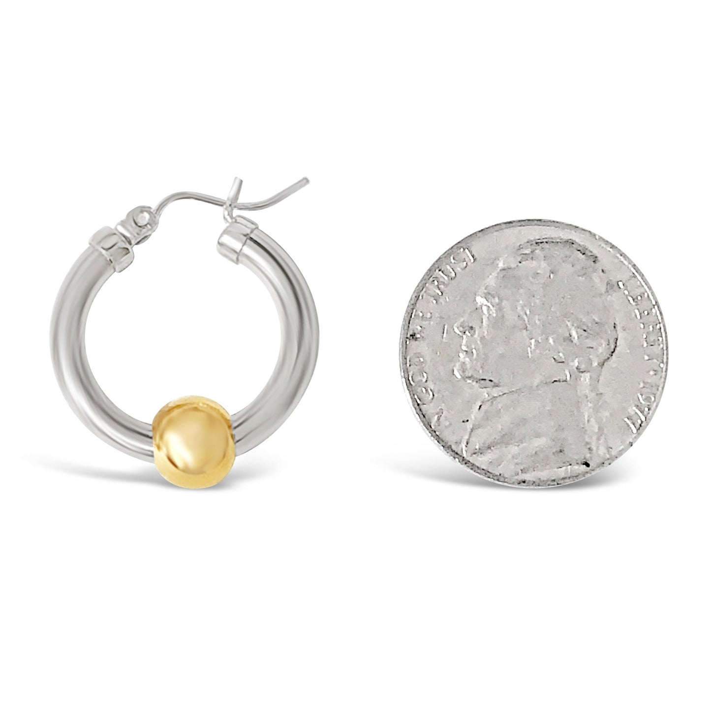 Cape cod beach ball small earring measured against a nickel coin