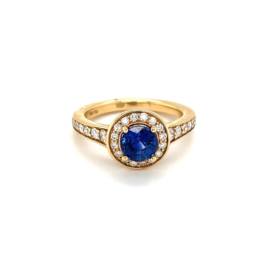 14k Yellow Gold Ring With A Royal Blue Sapphire And Diamonds, designed by Michael's Custom Jewelers on Cape Cod