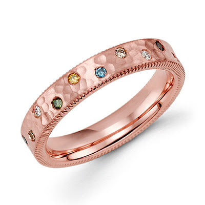 14k rose gold hammered band with milgrain side finish with color diamonds #6578 michaels custom jewelers michael's fine jewelry