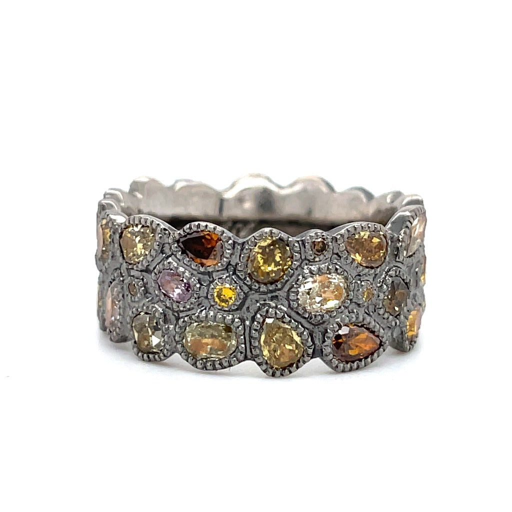 14k gray gold band with natural colored diamonds, handmade by michaels custom jewelers cape cod provincetown