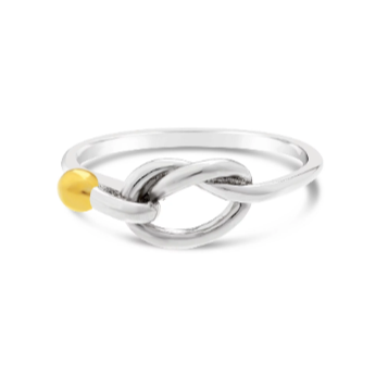 made on cape cod. Love Knot ring made of 925 sterling silver with a rhodium gold ball.