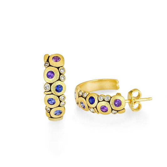 E-123S Alex Sepkus Candy Earrings Large, 18l Yellow gold with blue/purple sapphire mix and diamonds