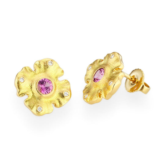E-221S Alex Sepkus Quatrefoil 18k Yellow Gold Pink Sapphire and diamonds stud earrings