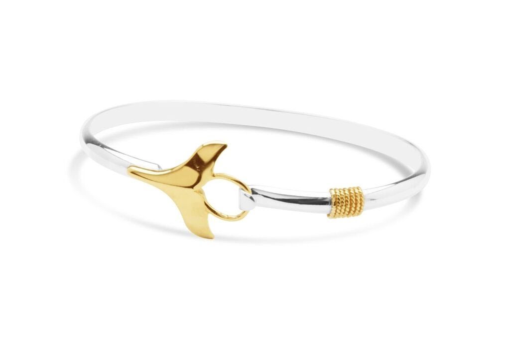 whale tail nautical bangle, cape cod silver nautical bracelet with gold charm, whale tail 925 silver bangle bracelet made on Cape Cod