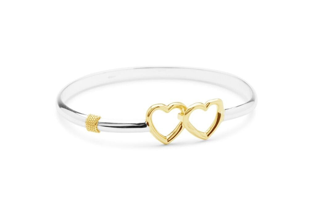 Double Heart Sterling Silver Bracelet with Rhodium Gold, Cape Cod Gold Heart Bangle, Nautical Silver Bangle