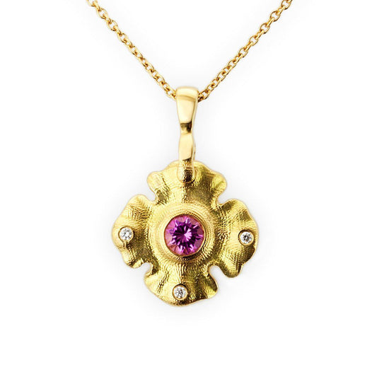 quatrefoil pendant M-102S pink sapphire 18k yellow gold alex sepkus pendant necklace
