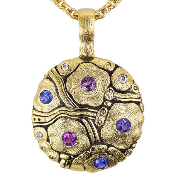 M-105S Summer Flowers pendant necklace, alex sepkus 18k yellow gold necklace with blue/purple sapphire mix and diamonds
