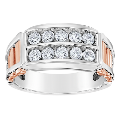 14k white and rose gold band with diamonds, unique men's band, made by michael's custom jewelers on cape cod