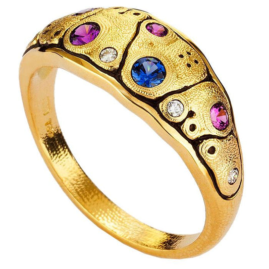 R-203S blue purple mix 18k yellow gold anna dome ring designed by alex sepkus