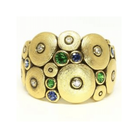 Orchard Ring - R-111S, 18k yellow gold with blue sapphires, green tsavorites, and white diamonds. Alex Sepkus Orchard Band