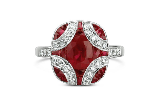 art deco ruby and diamond ring, 18k white gold