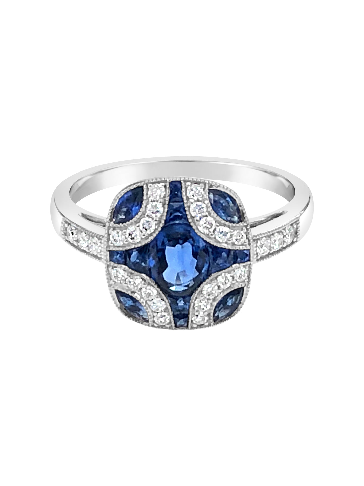 18k white gold ring sapphire diamond art deco style michaels custom jewelers provincetown