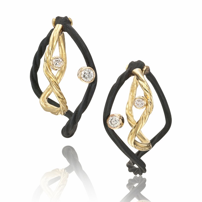 Clover Small Double Wire Diamond Hoop Earrings 18k yellow gold oxidized cobalt chrome