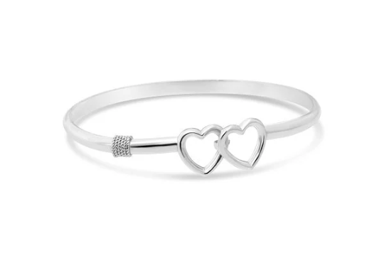 Double Heart Bracelet, Cape Cod Nautical Bracelet Collection, Sterling Silver Bangle Bracelet