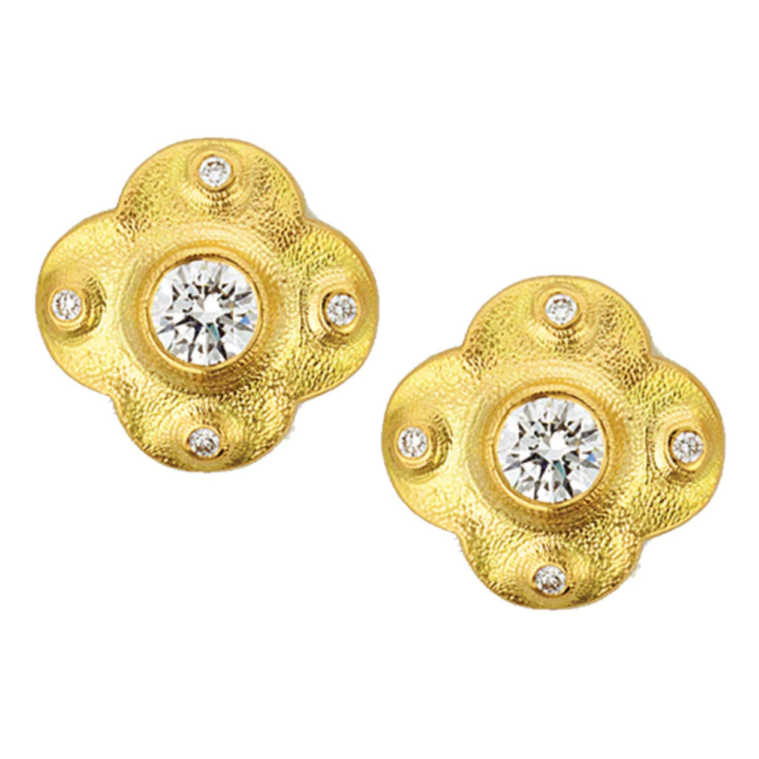 Cross Earrings - E-217D 18k yellow gold studs with round diamonds