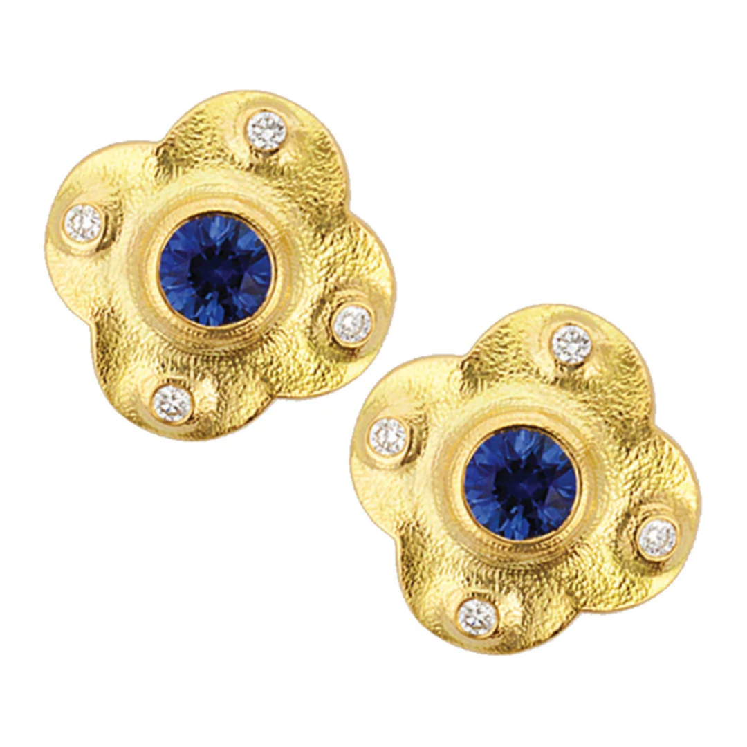 Cross Earrings - E-217S, 18k yellow gold sapphire and diamond stud earrings by alex sepkus