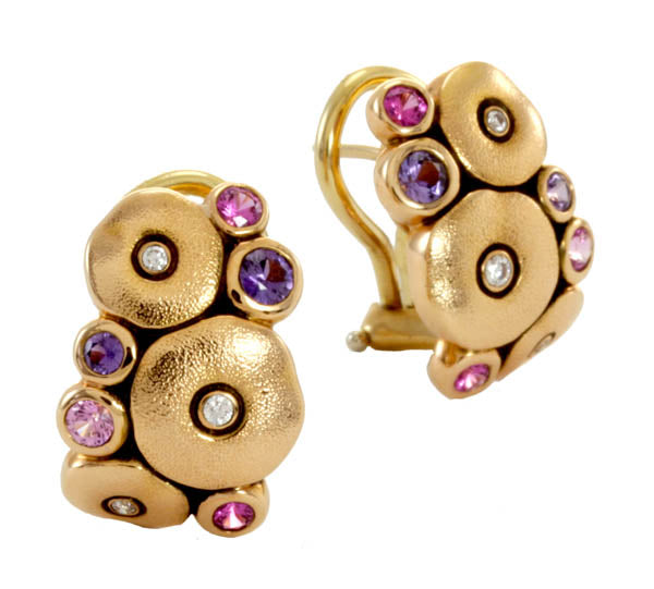 Orchard Earrings - E-100S 18k yellow gold with pink and purple sapphires
