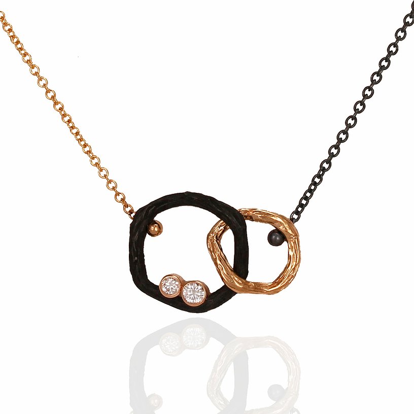 Pebble Small Diamond Double Link Necklace 18k rose gold and oxidized cobalt chrome