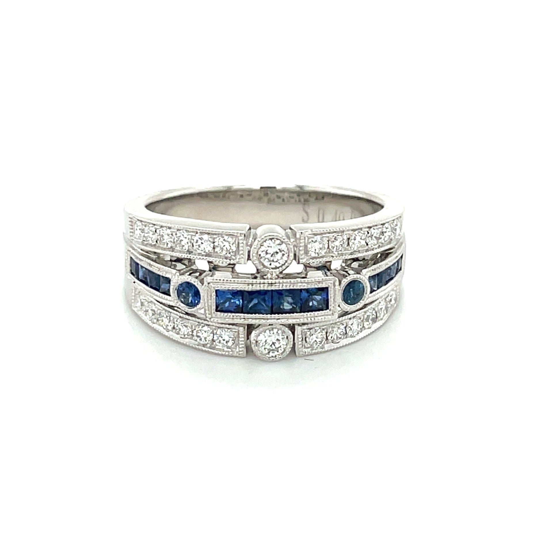 18k white gold ring with diamonds and blue sapphires, unique wedding band, white gold ring