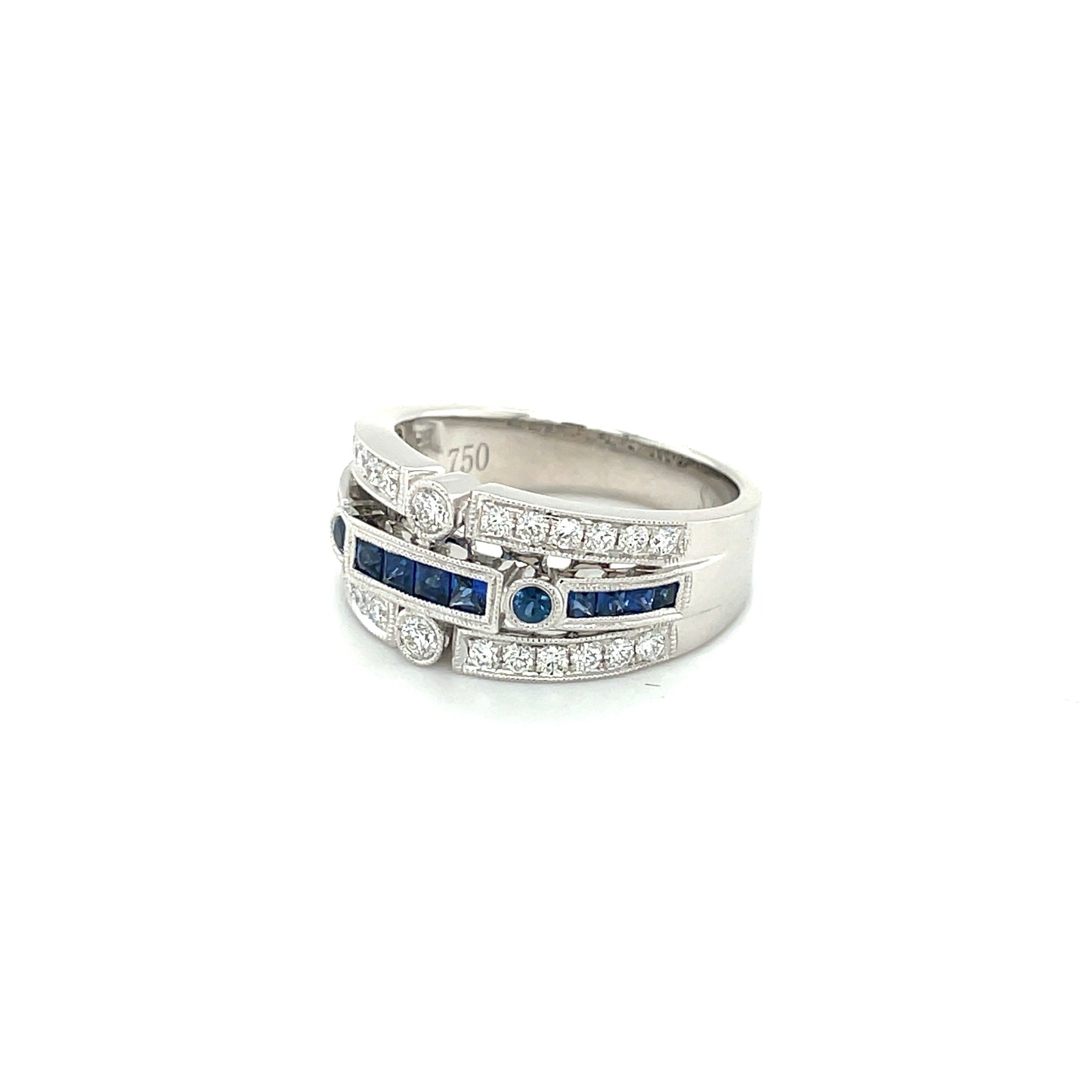 18k white gold ring with diamonds and blue sapphires, unique wedding band, white gold ring